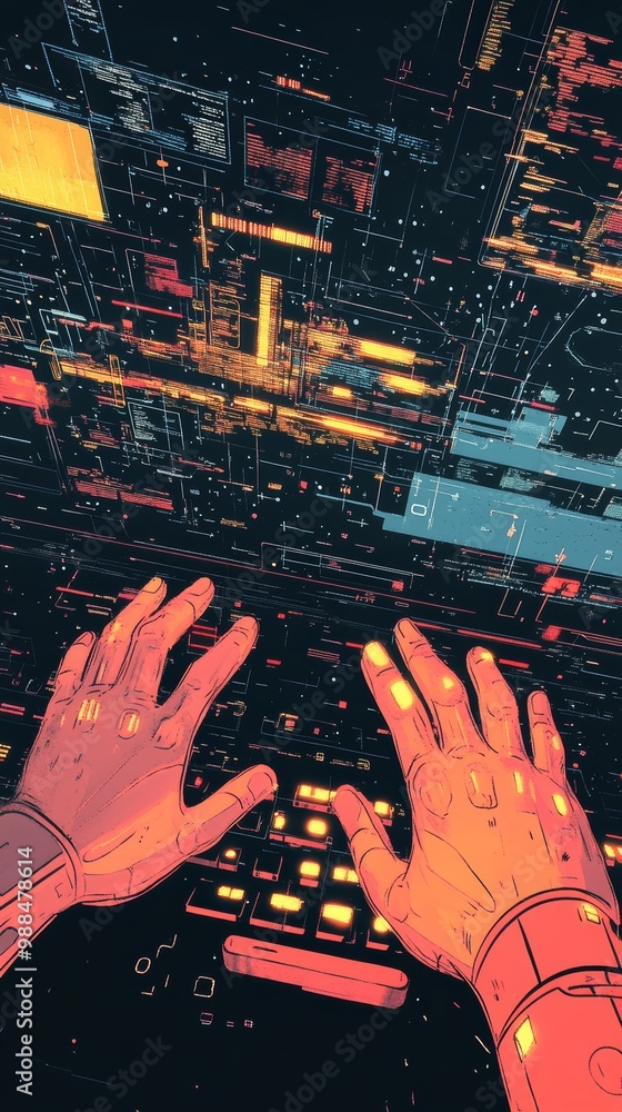 Aufkleber Hands coding on a glowing keyboard with red and orange data streams on a black screen, evoking a cyberpunk vibe.