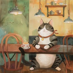 Cat drinks coffee in a coffee shop
