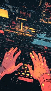Hands coding on a glowing keyboard with red and orange data streams on a black screen, evoking a cyberpunk vibe.