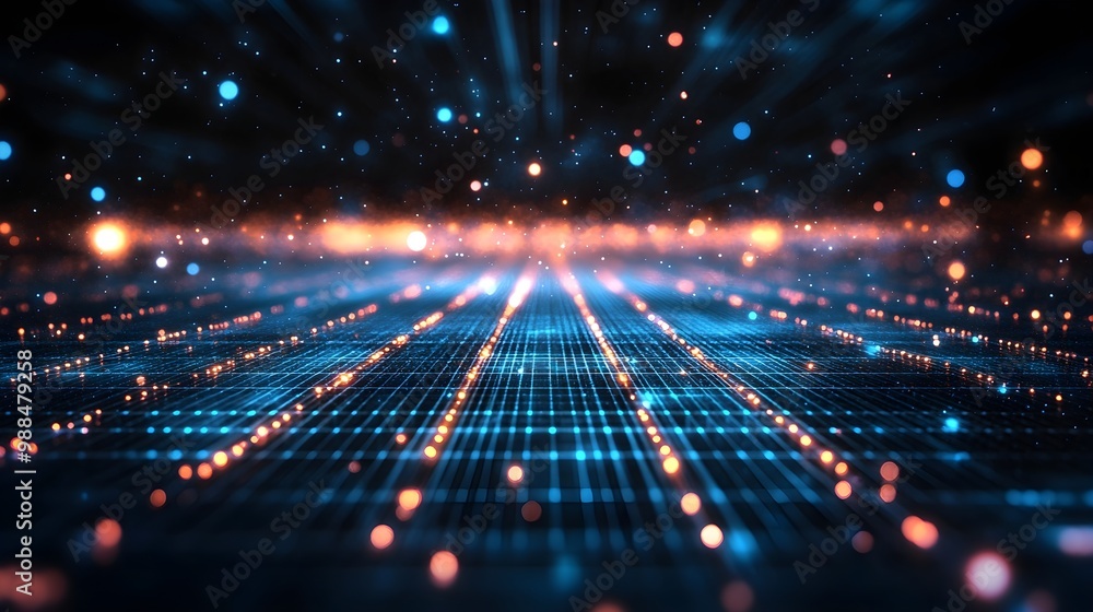 Poster abstract digital grid with glowing lights and bokeh