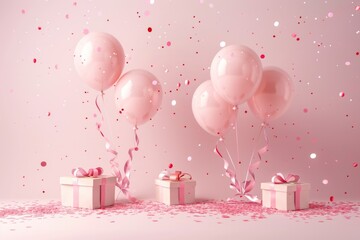 A collection of pink balloons and gift boxes