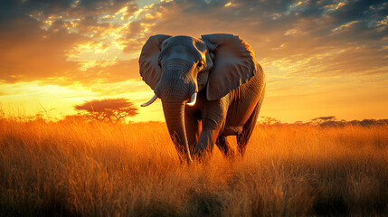 Naklejka premium Elephant in a golden grassland at sunset, majestic and serene against a colorful sky.