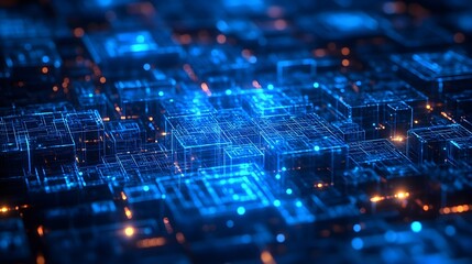 Abstract Digital Network Background with Blue and Orange Lights