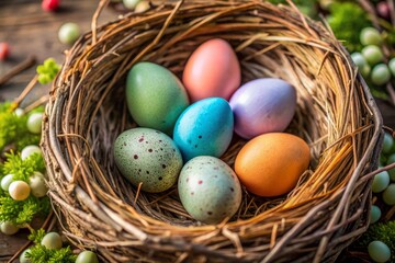 Obraz premium Colorful eggs peek from a cozy cocoon of downy materials.