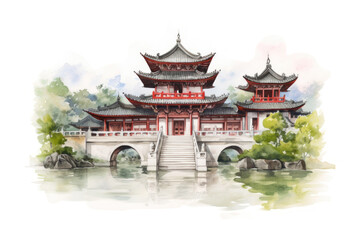PNG watercolor illustration of a buildings, asian, isolated on a white paper background 