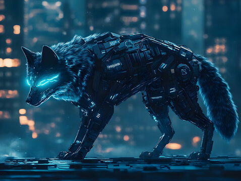 Futuristic cyber wolf with glowing blue eyes in a techno environment.