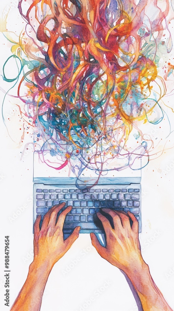 Poster colorful burst of creativity flowing from a laptop as hands type. digital innovation and artistic pr