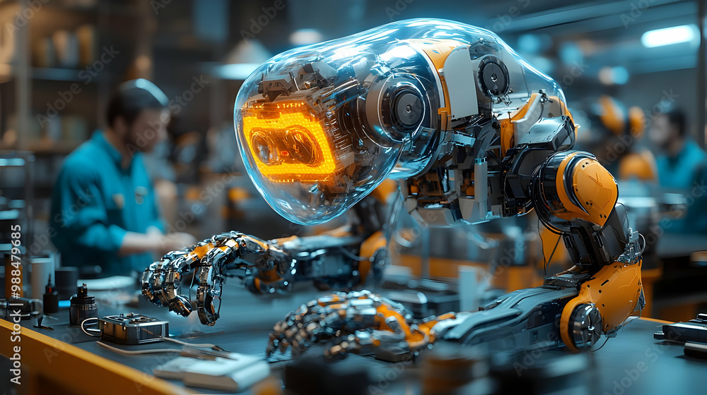 Poster futuristic robot with transparent head working in a high-tech environment.