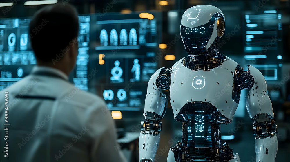 Poster a humanoid robot interacting with a scientist in a futuristic lab setting.