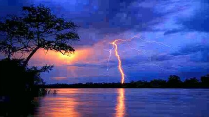 Electric Atmospheric Display A Single Bolt of Lightning Illuminates an Orange and Twilight Blue Sky