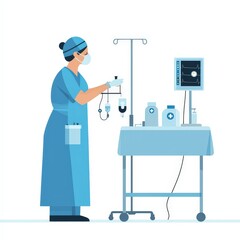 Skilled Nurse Adjusting IV Equipment in Flat Vector Style with Glowing Medical Icons on White Background
