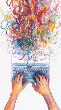 Colorful burst of creativity flowing from a laptop as hands type. Digital innovation and artistic programming concept.