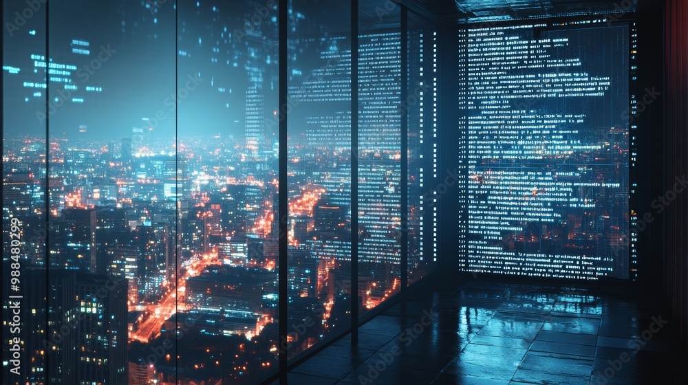 Poster Office window displaying digital codes and city skyline at night. Urban landscape with futuristic programming concept.