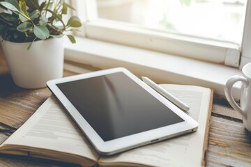A tablet computer sits on top of an open book, perfect for digital learning and research