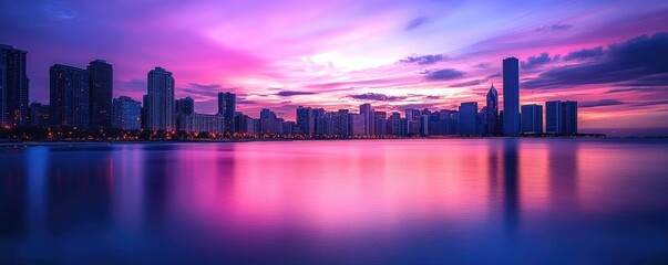 Fototapeta premium Cityscape at Sunset with Pink and Purple Sky Reflected in Water