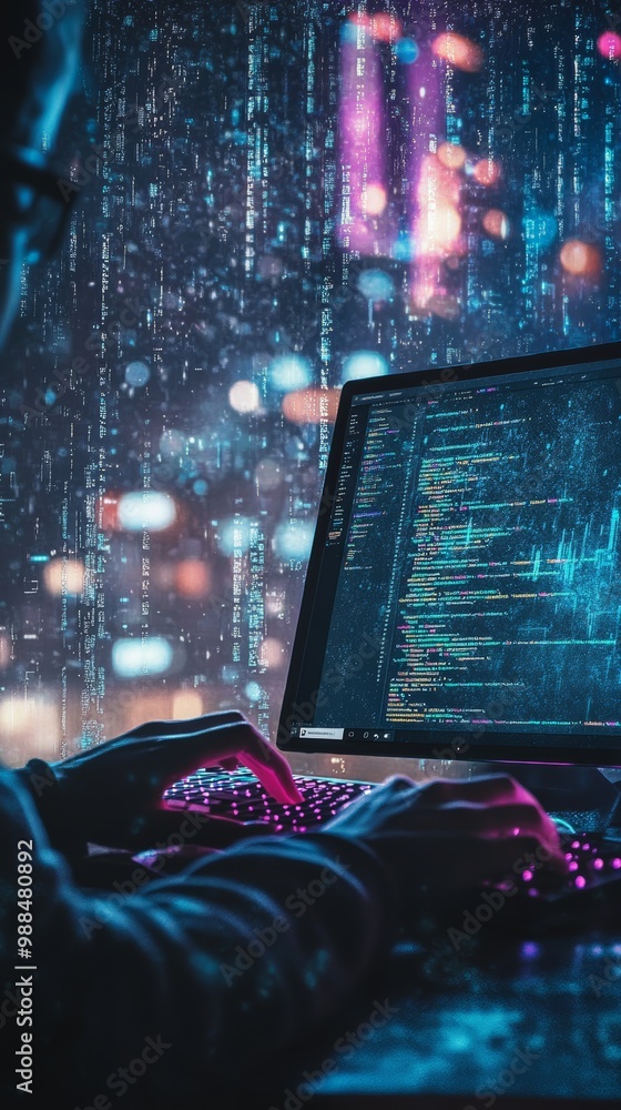 Leinwandbilder A coder typing on a mechanical keyboard with code on the screen. Data streams in the background show programming complexity.