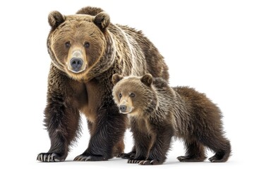 Fototapeta premium A mother bear with her two cubs on a white background