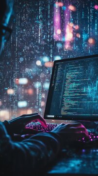 A coder typing on a mechanical keyboard with code on the screen. Data streams in the background show programming complexity.