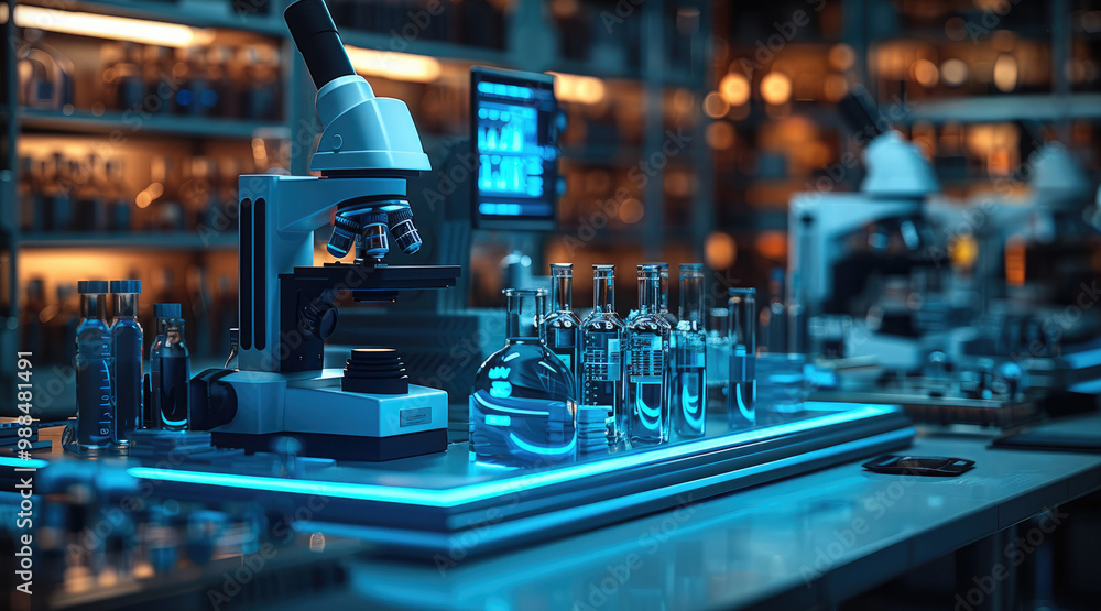 Poster close-up of high-tech laboratory equipment with digital displays, test tubes, and microscopes in an 