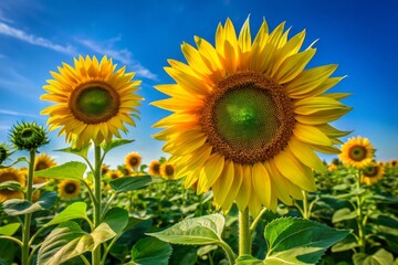 Delicate sunflower leaves with wavy edges grow opposite the stem, their intricate texture and veining displayed against