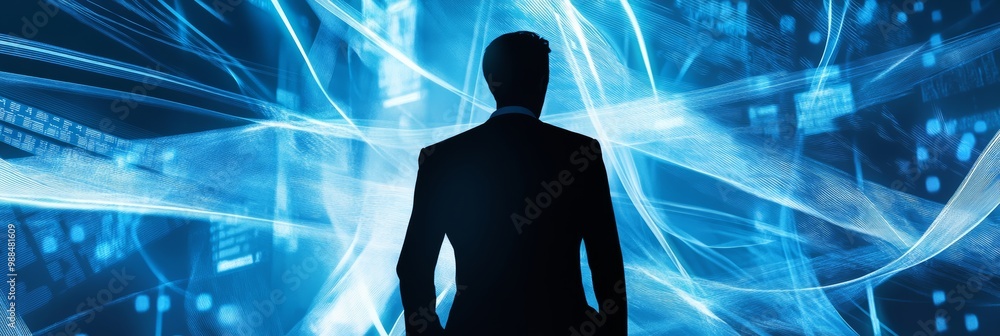Poster businessman silhouette in front of a matrix-like wall of data and digital lines. represents technolo