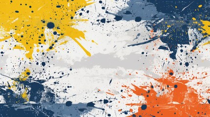 Abstract splattered paint in yellow, orange, blue, and gray on a white background