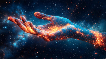 Fototapeta premium A hand reaching out with glowing cosmic elements, representing the connection between humanity and the universe.