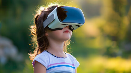 A small child girl or boy wearing virtual glasses plays virtual games. AI Generated