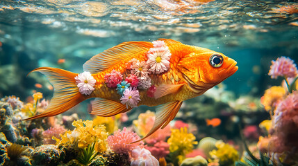 Vibrant goldfish swimming among colorful coral and flowers in a bright underwater scene.