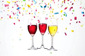 Two glasses of wine on a table with colorful confetti in the background, perfect for parties and celebrations