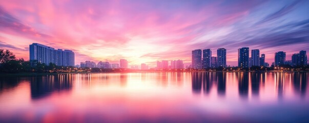 Fototapeta premium City Skyline Reflected in Calm Water at Sunset
