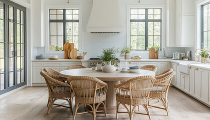 Big bright airy kitchen featuring round dining table and wicker chairs