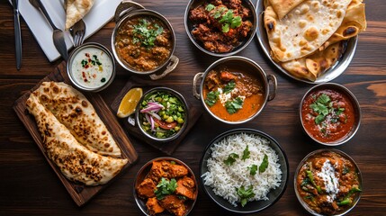 Indian food spread with curries, rice, naan, and fresh salad.