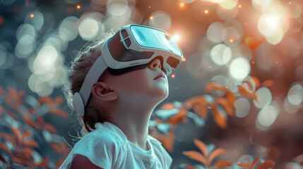A small child girl or boy wearing virtual glasses plays virtual games. AI Generated