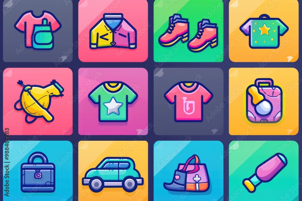 Poster a collection of colorful icons on a black background, perfect for highlighting important information