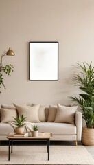 decor beige sofa side mock poster interior wall plant boucle domestic cozy room home table rug elegant decoration frame beige coffee lf table plants living  generative ai interior room sofa living