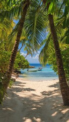 Obraz premium Idyllic Tropical Beach. Calm Ocean Water, Secluded Cove, Lush Palm Trees, White Sandy Shore