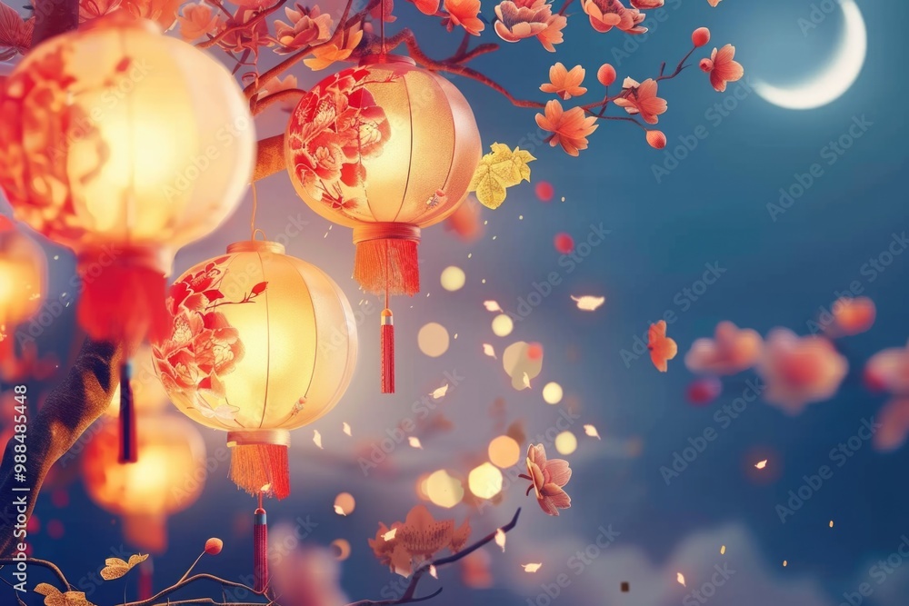 Poster a bunch of colorful paper lanterns hang from the branches of a tree, creating a festive and whimsica