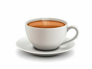 Obraz premium A white porcelain cup filled with hot tea on a saucer, isolated on a white background.