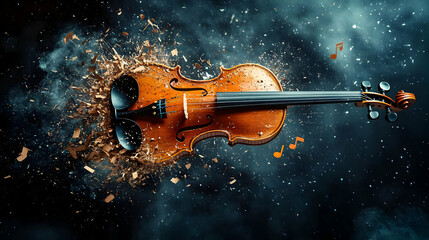 Fototapeta premium Explosive violin breaking apart, dynamic composition against a smoky background.