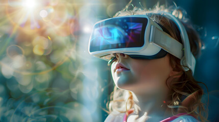A small child girl or boy wearing virtual glasses plays virtual games. AI Generated