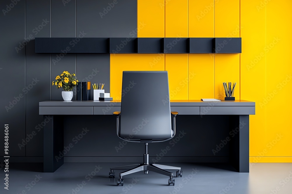 Aufkleber mustard yellow and grey color palette, used in a minimalist home office setup with clean lines and m