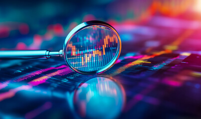A magnifying glass hovers over business data and graphs on a digital background.