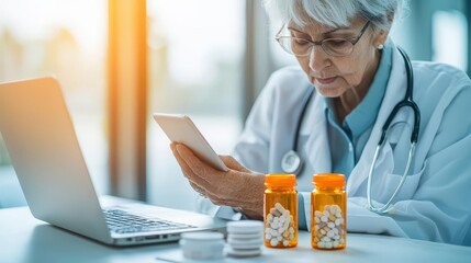 Elderly woman with a healthcare professional, reviewing medication options on a laptop screen, Senior woman, medication options, healthcare professional