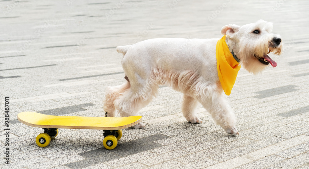 Wall mural portrait of a cute west highland white terrier dog on a skateboard