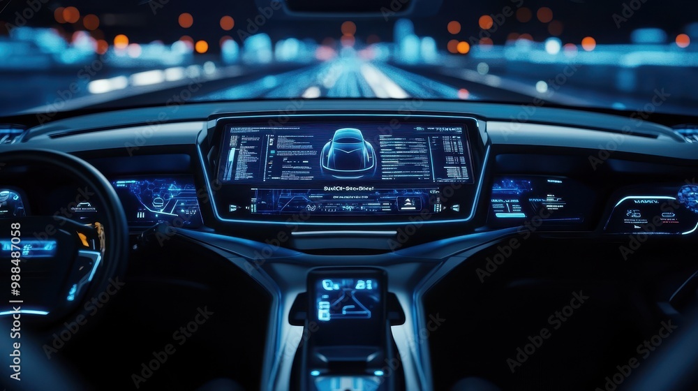 Poster futuristic vehicle dashboard with illuminated controls and displays