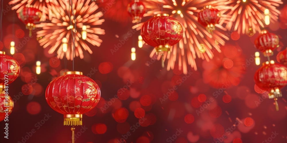 Poster a string of red lanterns hangs from the ceiling, creating a warm and cozy atmosphere