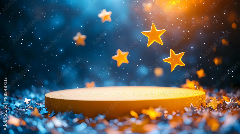 Poster colorful stars floating over a vibrant surface, creating a magical atmosphere with a dreamy bokeh ba