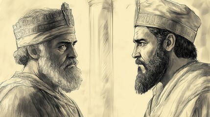 Fototapeta premium The Burden of Leadership: Mordecai and Esther Meet in the Palace, Reflecting Mutual Respect and Shared Responsibility for Their People - Biblical Illustration