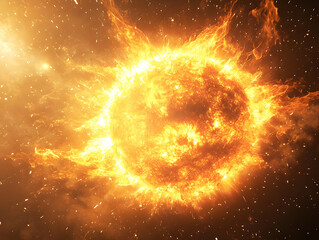 Bright and fiery sun in the cosmos, surrounded by glowing particles and stars, symbolizing energy and warmth.